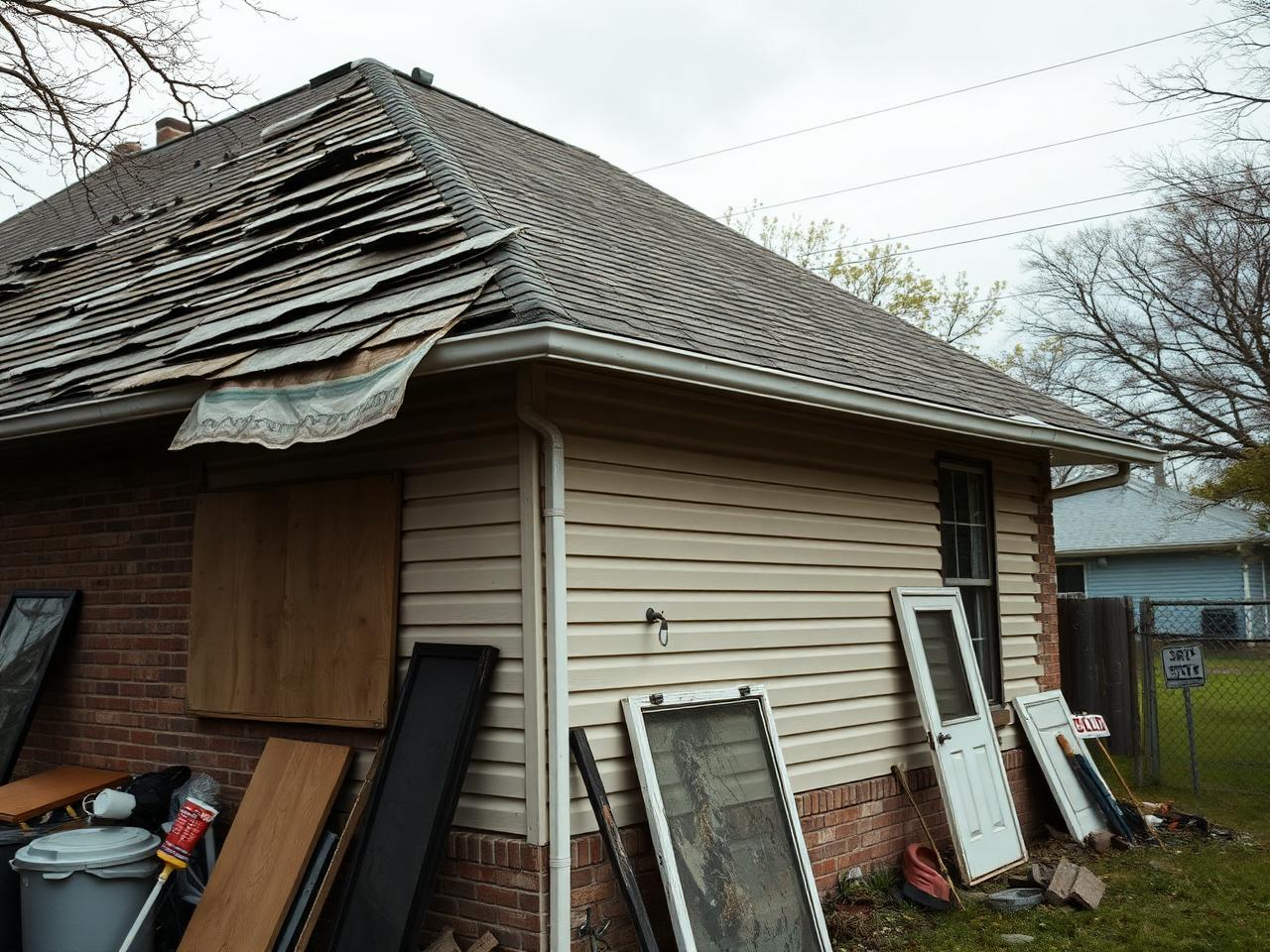 Oklahoma City metro house with roof damage, water-stained siding and a boarded window, sold as-is