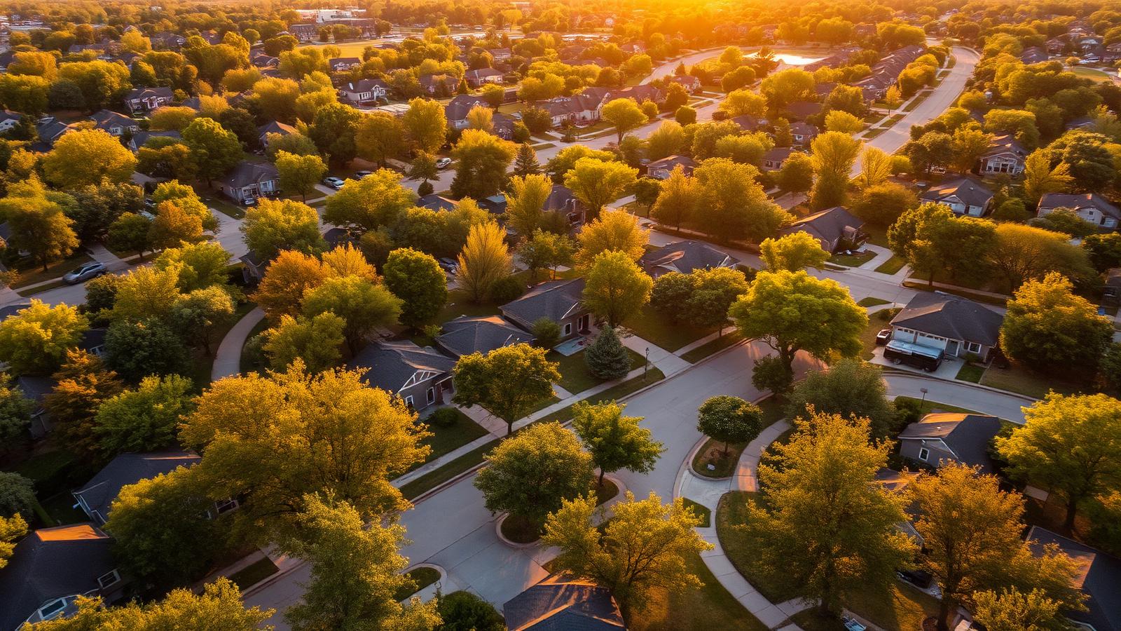 Aerial view of an Oklahoma City metro neighborhood at golden hour